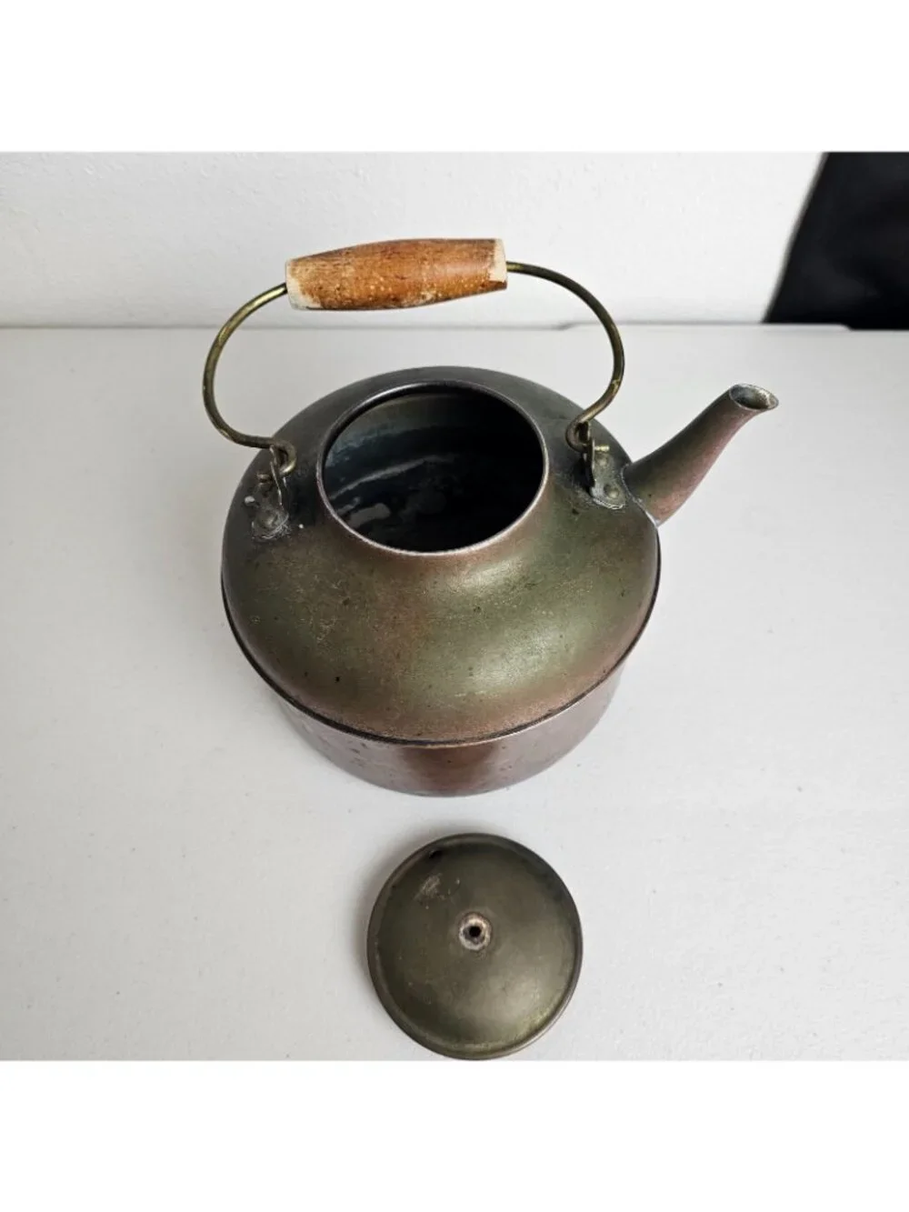 Vintage Copper Teapot Kettle Wood Handle Primitive Rustic Farmhouse Decor Only